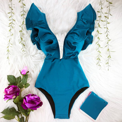 2021 New Sexy Ruffle Print Floral One Piece Badeanzug weg von der Schulter-Badebekleidung Frauen Solid Deep-V Beachwear Badeanzug Monkini
