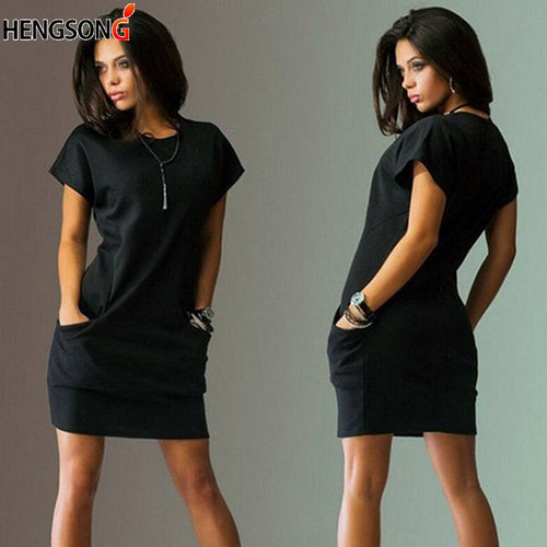 Neue Frauen Tasche Lose Beiläufiges Weibliches Kleid Sommerkleid Für Frauen Kurzarm O Hals Minikleid Bürodame Arbeitskleid Vestidos