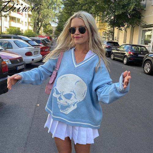 DiiWii Hot Style Girls Top V Neck Skull Print Loose Long Sleeved Sweater