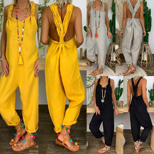80% HOT SALES!!!Women Solid Color Bib Overall Sleeveless Backless Knotted Jumpsuit Dungarees