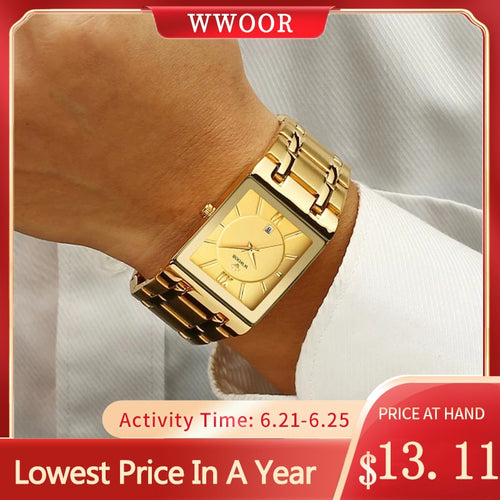 Relogio Masculino WWOOR Gold Watch Men Square Mens Watches Top Brand Luxury Golden Quartz Stainless Steel Waterproof Wrist Watch