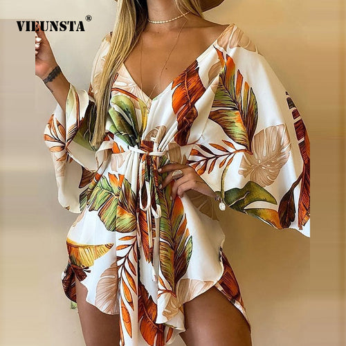 2021 Sommer Frauen Elegante Kleider Sexy V-Ausschnitt Lace-up Blumendruck Minikleid Casual Ausgestellte Ärmel Unregelmäßige Damen Partykleid