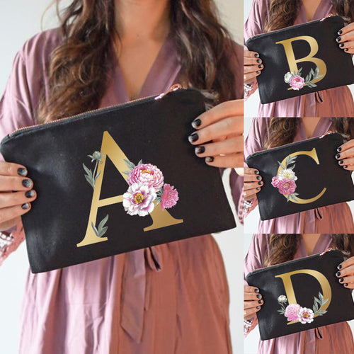 Make-up-Taschen für die Brautjungfer, Blumen-Alphabet-Druck, Kosmetikkoffer, Brautparty, Make-up-Tasche, Necessaries, Lady Tote, Geldbörse, Hochzeitsgeschenke