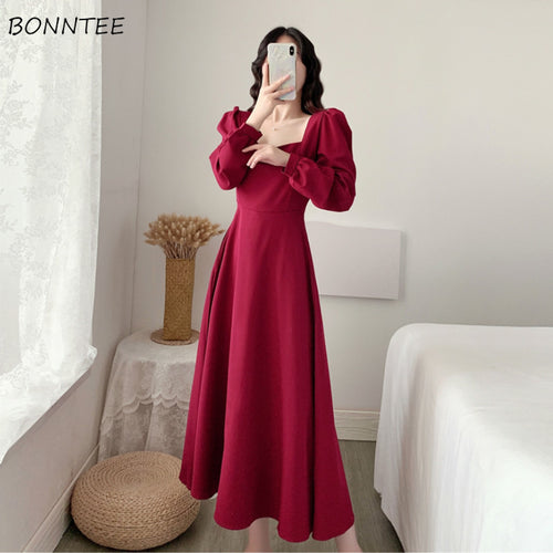 Langarmkleid Damen Urlaub Elegant Knöchellang Damen Quadratisch Kragen Einfach Trendy Korean Style Freizeit Streetwear Slim Ins
