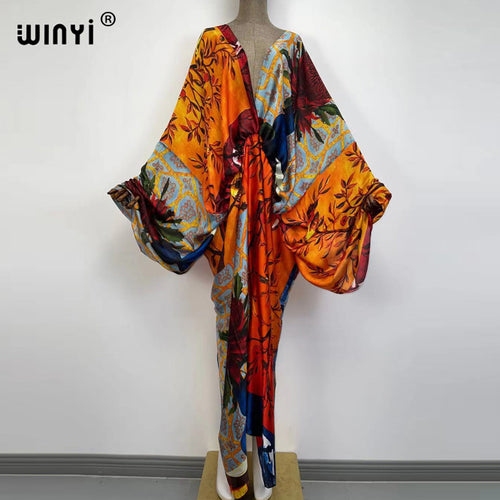 Sexy bech high-quality hand-rolled feel silk rayon fashion print 2021 WINYI Maxi women's robes long beach V-neck Bohemian dress