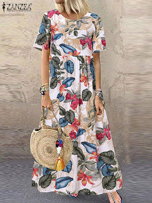 2022 ZANZEA Bohemian Urlaub Sommerkleid Sommer Frauen Vintage Blumendruck Kurzarm Strandkleid Lose Lange Vestido Robe Femme