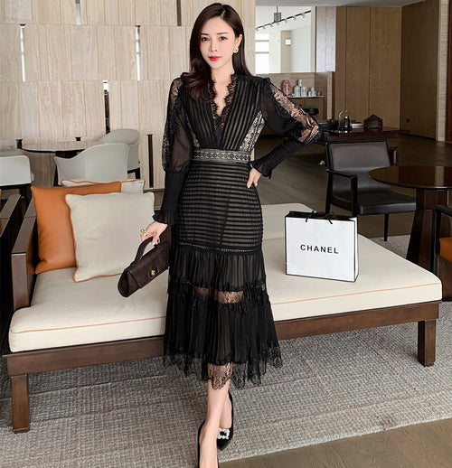JSXDHK 2022 New Runway Designer Frauen Schwarz Langes Kleid Eleganter Frühling Chiffon Patchwork Spitze V-Ausschnitt Laterne Ärmel Plissee Kleid