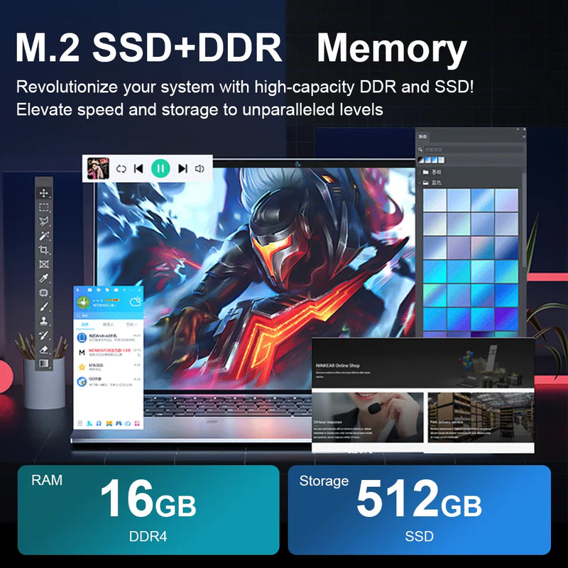 15.6" Intel Notebook PC Gamer Ultra Slim Laptop Intel Celeron N4000 16GB RAM 1TB 2TB SSD Office Study Computer PC Windows 11 Pro