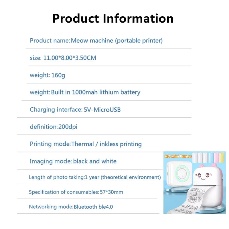 Portable Mini Thermal Printer Wirelessly BT 203dpi Photo Label Memo Wrong Question Printing With USB Cable Imprimante Portable