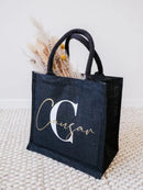 Personalized Black Jute Bag with Initial and Name Bachelorette Party Mother's Day Shopping Bags Teacher Farewell Gift Idea Bag