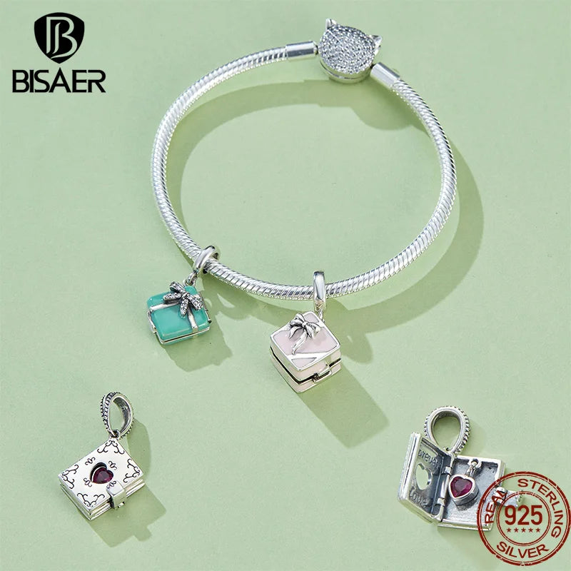 BISAER 925 Sterling Silver Openable Heart Charms Key Box Circle Cage Pendant Zircon Beads Fit Bracelet&Necklace DIY Fine Jewelry