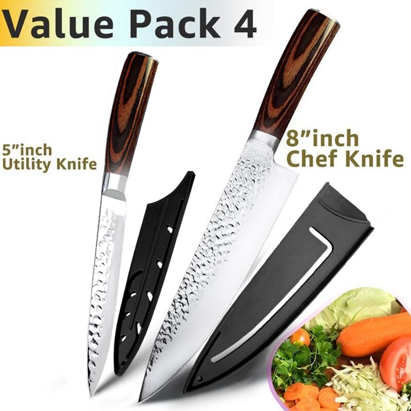 Kitchen Knife Japanese Chef Knives Set 7CR17 High Carbon Stainless Steel Full Tang Hammer Pattern Meat Cleaver Utility Santoku K