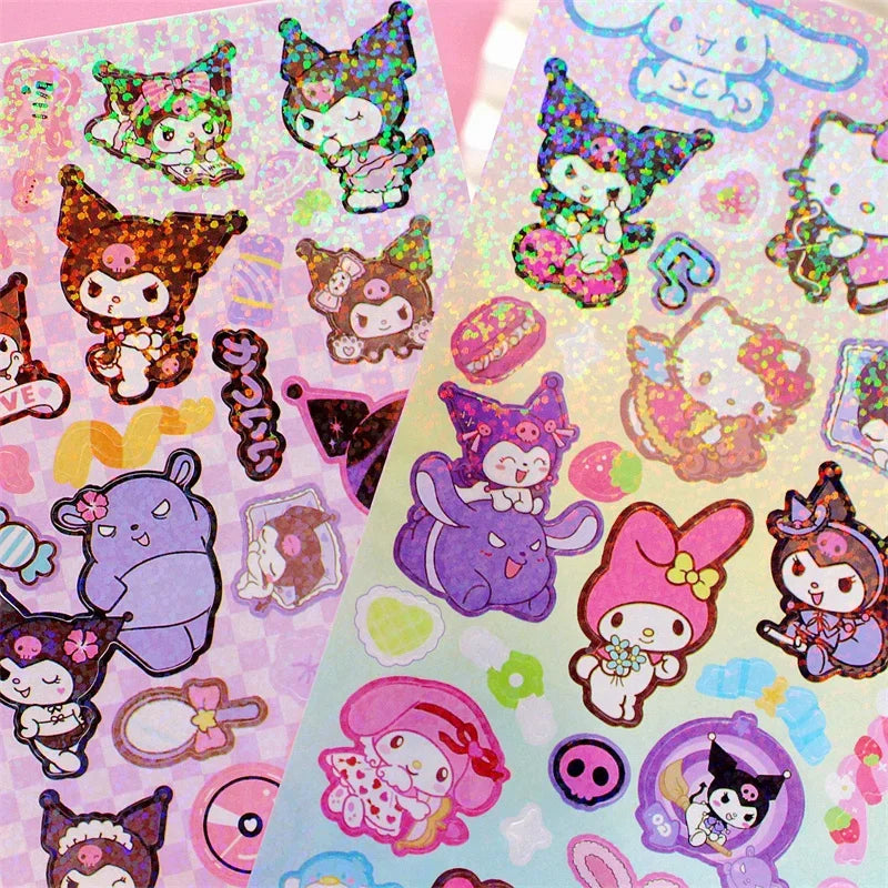 20Sheets Sanrio Sticker Cartoon Hello Kitty Cinnamoroll Kuromi My Melody Laser Sticker Decals Stationery Wholesale Kids Toys