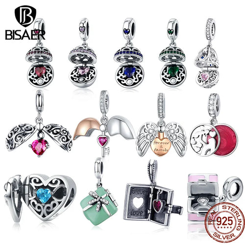 BISAER 925 Sterling Silver Openable Heart Charms Key Box Circle Cage Pendant Zircon Beads Fit Bracelet&Necklace DIY Fine Jewelry