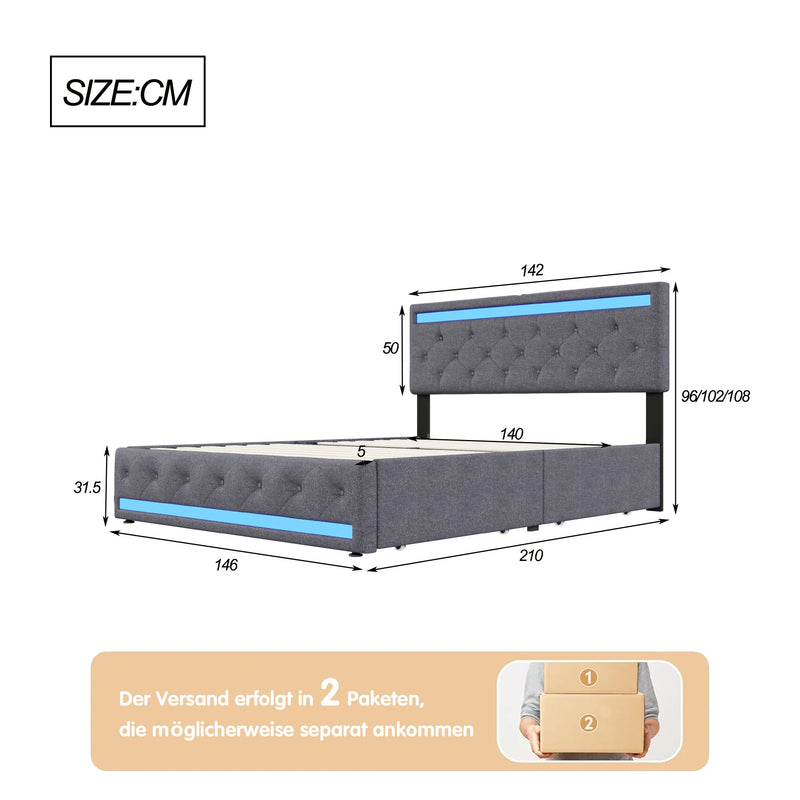 Upholstered bed 140x200 cm with USB charging headboard and LED lighting and 4 drawers, bed frame with double storage