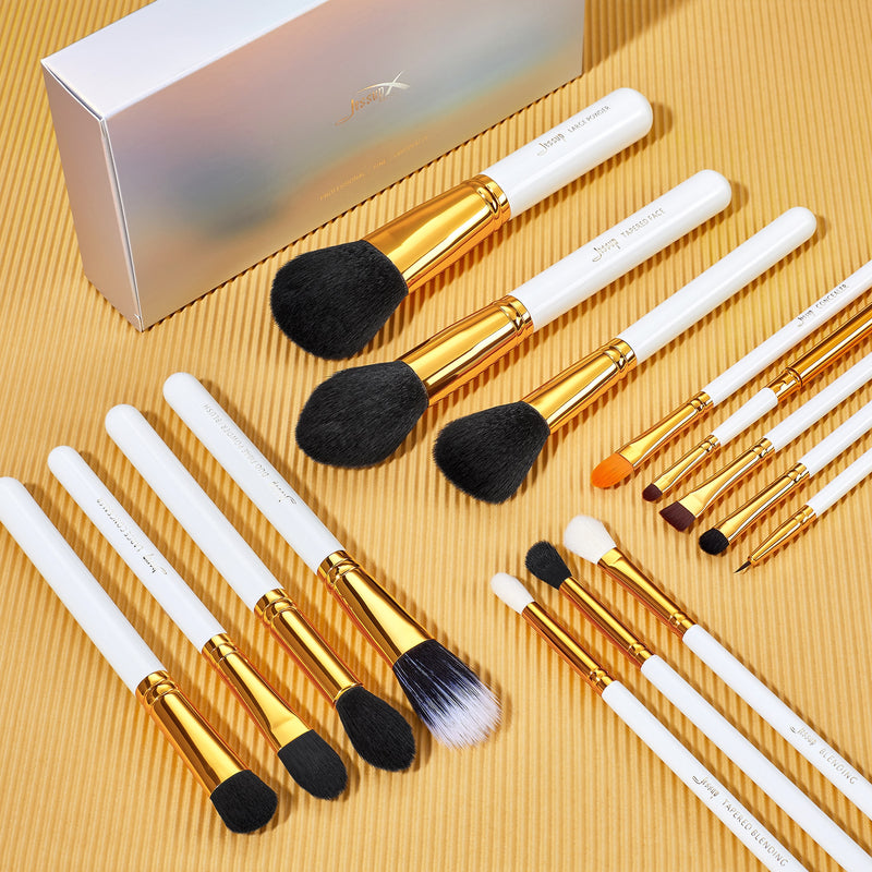 Jessup Brushes 15pcs Makeup Brushes Set Powder Foundation Eyeshadow Blending Make Up Tool Kits Shadow Liner Lip, White/Gold T103