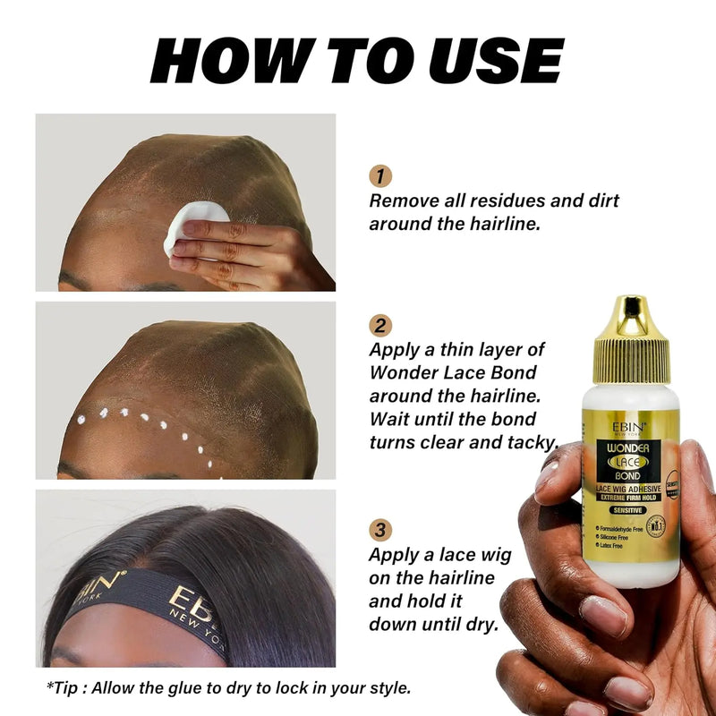 Ebin New York Wonder Lace Bond Lace Wig Adhesive Extreme Firm Hold Sensitive 1.15oz - Gentle on Skin, Long Lasting Hold
