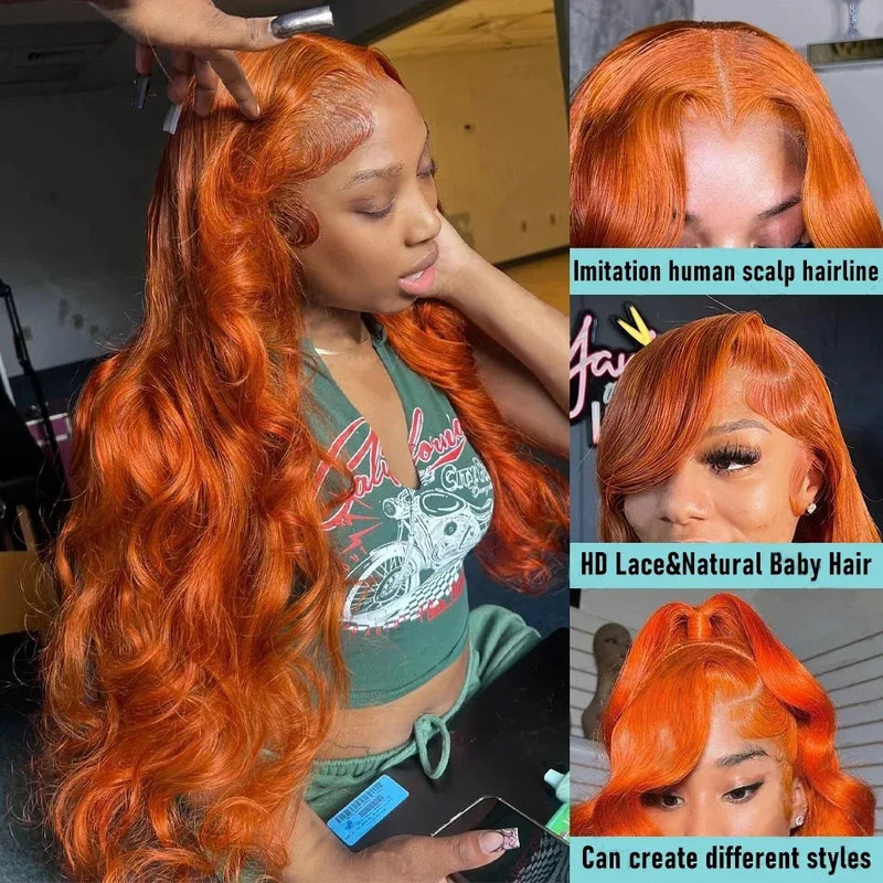 30 40 Inch Orange Ginger Body Wave Human Hair Wigs 13x6 HD Lace Frontal 350 Colored Water Wave Wig Brazilian Preplucked Raw Hair