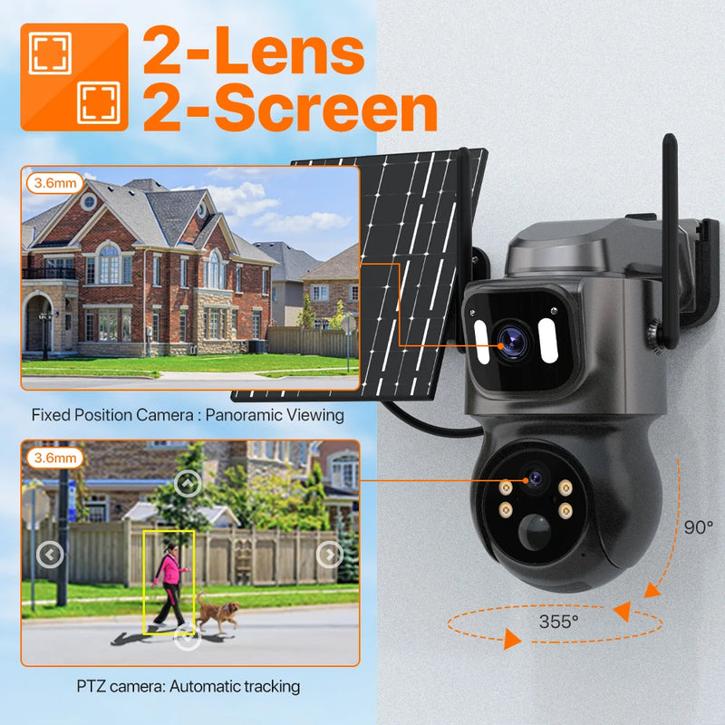 Outdoor 4K HD Built-in Battery Dual Lens Solar WiFi Camera Security Camera Solar Panel Wireless Cam PIR Alarm iCsee