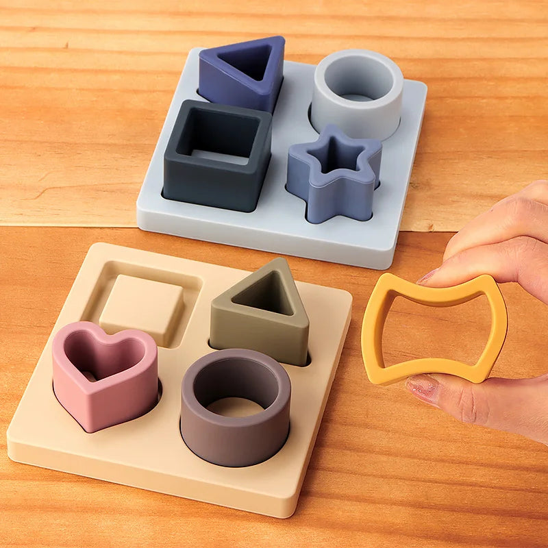 Cute Silicone Building Block Wooden Geometric Nature Teether Silicone Soft Block Folding Educational Memory Stacking toy Gifts