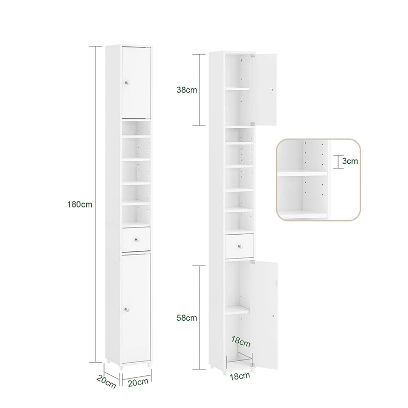 SoBuy BZR34 high cabinet with 5 compartments Bathroom cabinet with 1 drawer and doors bathroom furniture White BHT about 20x180x20cm