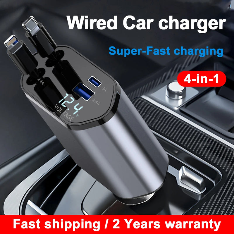 4 in 1 Retractable Car Charger Wired 120W for iPhone Samsung Xiaomi iPad USB C Cable for IP/Type-C Super Fast Charging Adapter