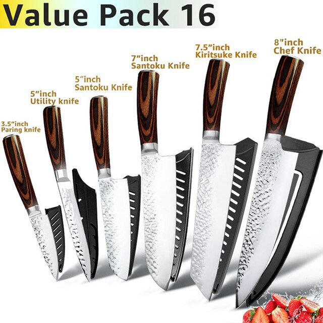 Kitchen Knife Japanese Chef Knives Set 7CR17 High Carbon Stainless Steel Full Tang Hammer Pattern Meat Cleaver Utility Santoku K