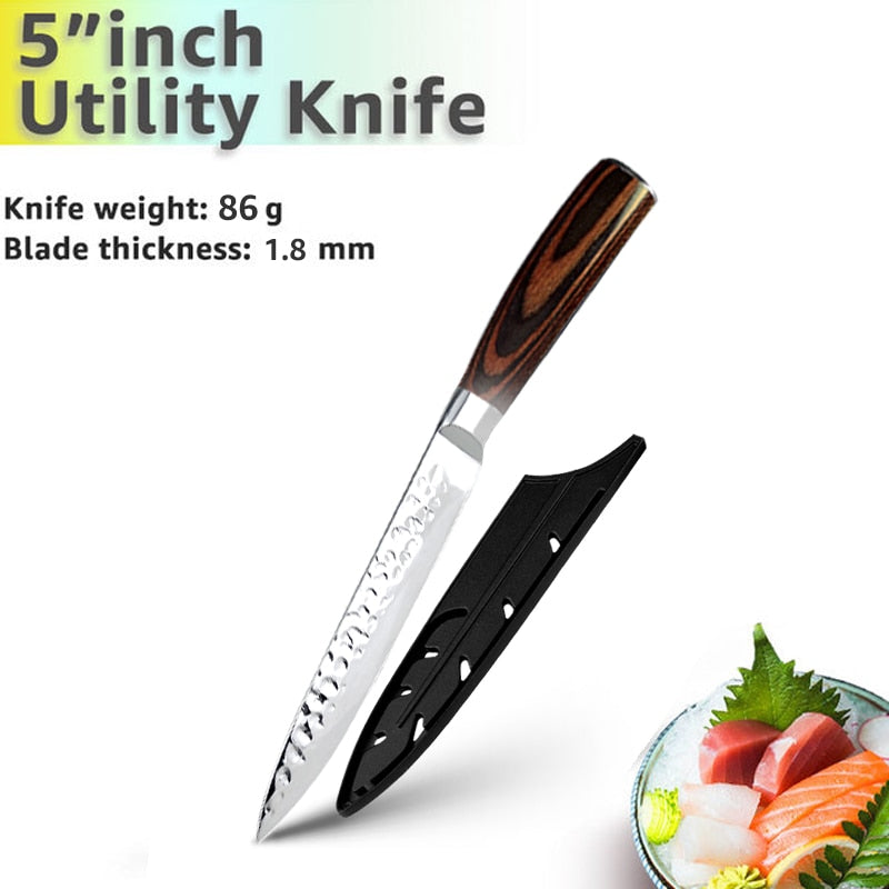 Kitchen Knife Japanese Chef Knives Set 7CR17 High Carbon Stainless Steel Full Tang Hammer Pattern Meat Cleaver Utility Santoku K