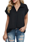 Damen Kurzarm Chiffon Bluse für Büro, Arbeit, Business, Kragenhemd