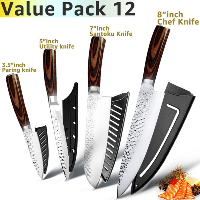 Kitchen Knife Japanese Chef Knives Set 7CR17 High Carbon Stainless Steel Full Tang Hammer Pattern Meat Cleaver Utility Santoku K