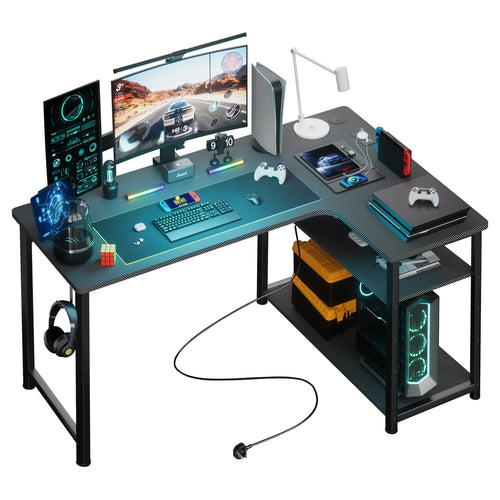 COMHOMA Desk Gaming table with Shelf, corner desk with USB charging port and socket, 120cm computer table L shape PC