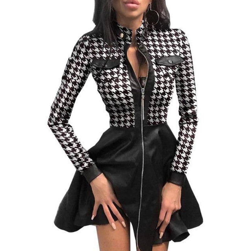 Fashion Women Lace Long Sleeve Zipper Pocket Large Hem Faux Leather Mini Dress