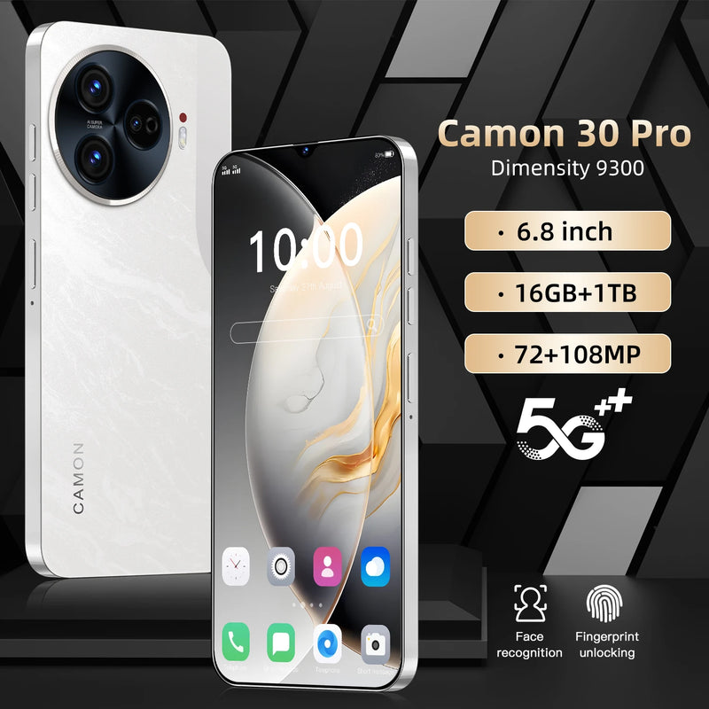 Brand Camon 30 Pro smartphone 5g 6.8 inch HD 16G+1TB Cell Phone Dual SIM Android Mobile Phones 6800mAh 72MP+108MP Celulares OTG