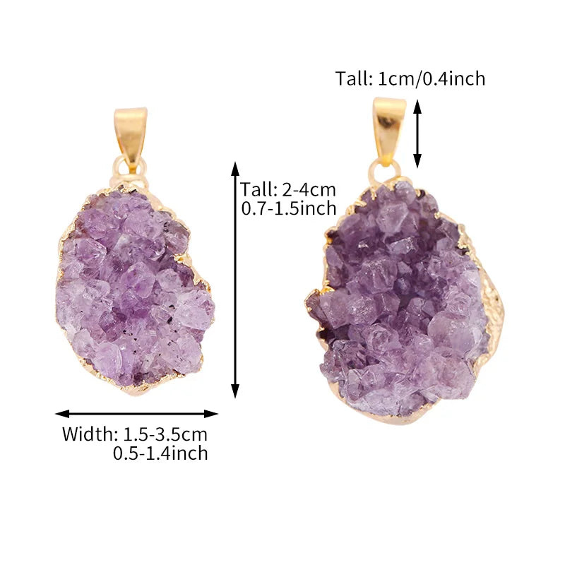 New Fashion BOHO Natural Amethyst Cluster Irregular Pendant Golden Edged Free Wax String Chain Reiki Gemstone Jewelry