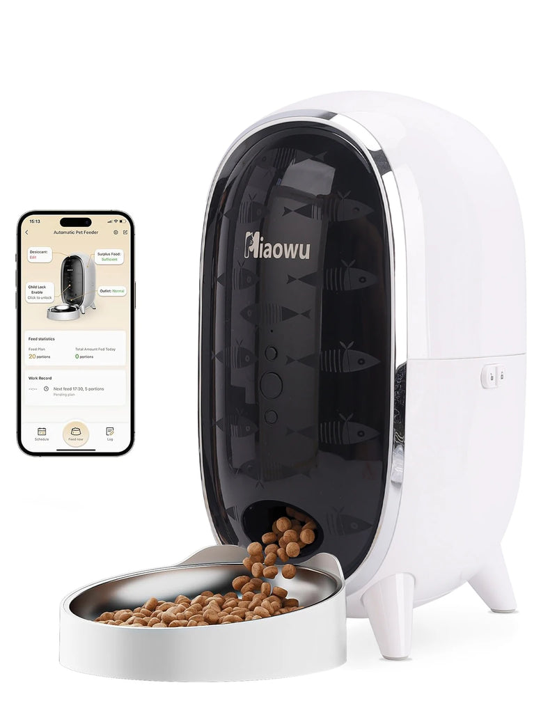Miaowu Automatic Cat Feeder, 2.4G WiFi, 15 Portions/10 Meals Per Day, Multiple Seals, Anti-Clogging System, For Cats
