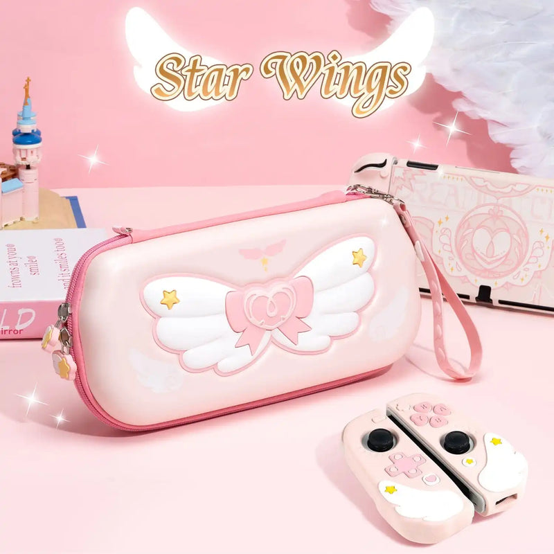 GeekShare Star Wings Carrying Case for Nintendo Switch/OLED,Portable Hardshell Slim Travel Pink Carrying Bag for NS Accessories