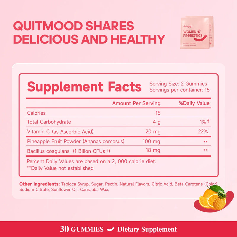 Quitmood Feminine Balance Gummies - Hawaiian Pineapple - Women's Probiotics-ph Balance- 30 Gummies, individual package vitamin C