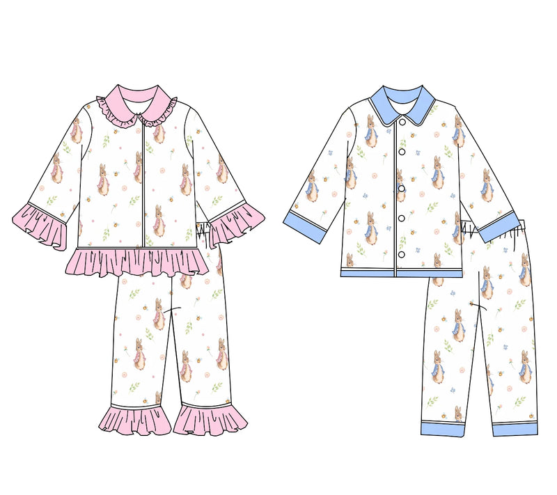 Easter boutique children's suit lapel lace short sleeve elastic rabbit flower print trousers girls boys trousers pajamas set