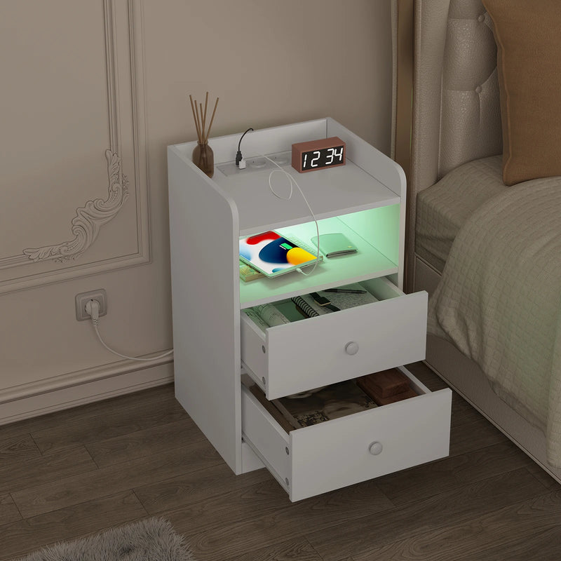 WOLTU Bedside Table with Charging Station USB Sockets Ports Side Table with LED Light Overbed Table Wooden Bedroom Furniture