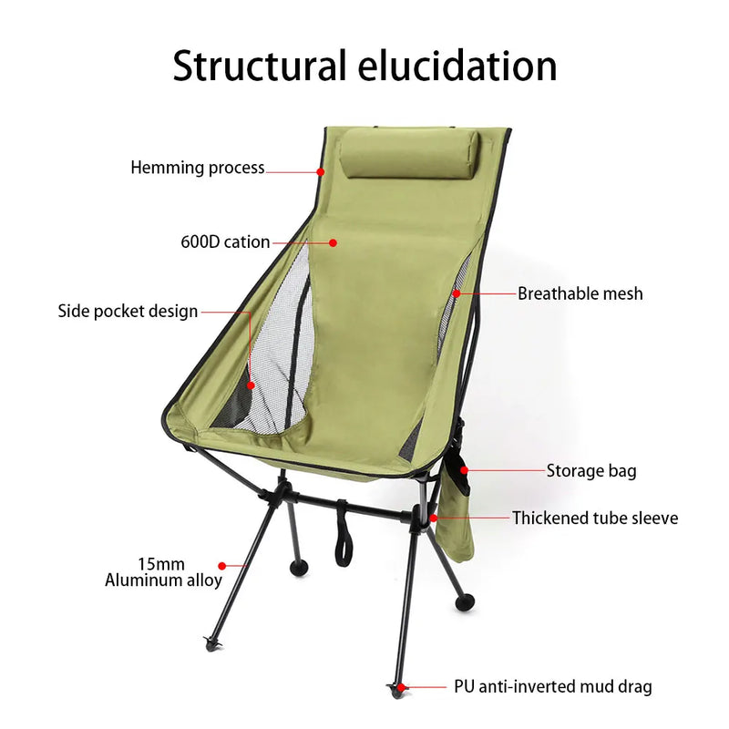 Portable Folding Camping Chair with Headrest Lightweight Tourist Chairs Aluminum Alloy Fishing Chair Outdoor Furniture