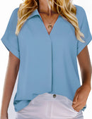 Damen Kurzarm Chiffon Bluse für Büro, Arbeit, Business, Kragenhemd