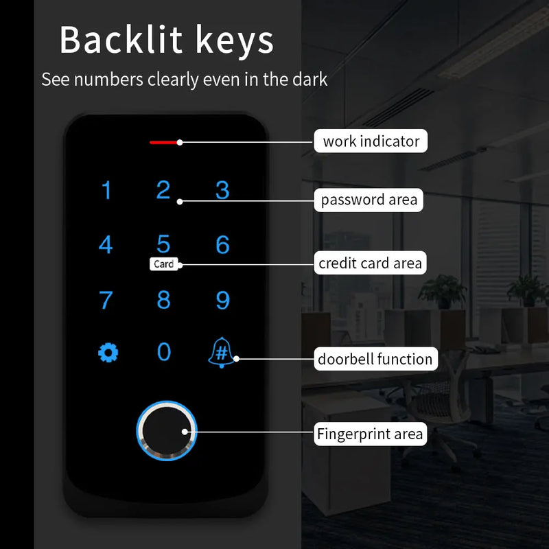 NFC Tuya Bluetooth Backlit Touch Access Control Keypad IP65 Waterproof RFID 13.56MHz Keyboard Biometric Fingerprint Door Opener