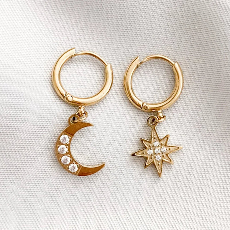 SUNIBI Stainless Steel Drop Earrings for Women Girl Star Moon Pendant Earrings Fashion Party Gifits Wedding Jewelry Wholesale
