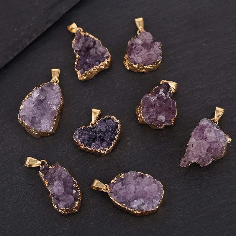 New Fashion BOHO Natural Amethyst Cluster Irregular Pendant Golden Edged Free Wax String Chain Reiki Gemstone Jewelry