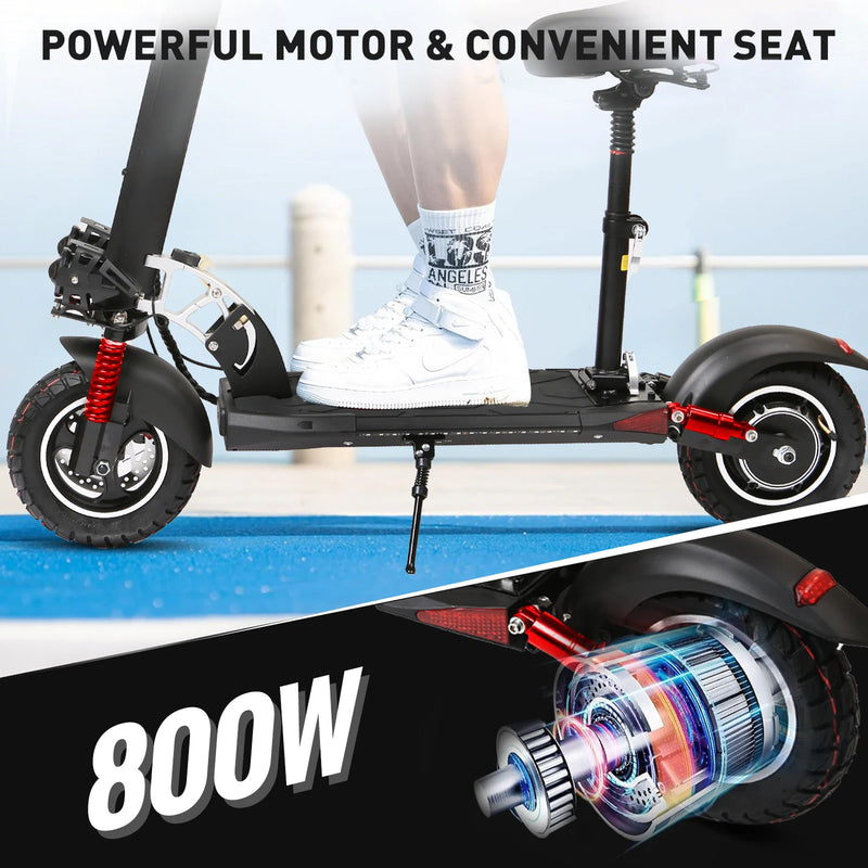 Electric Scooter With Seat 800W Max Speed 45-50km/h Range 35-55km 10inch Off-Road Tires Dual Shock Absorbing Folding EScooter