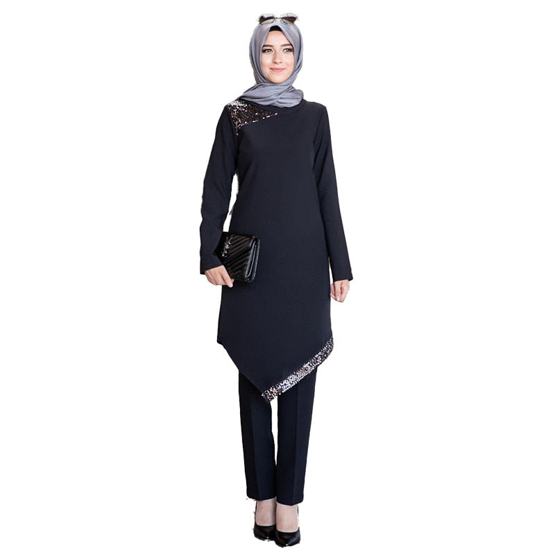 Muslim 2 Piece Sets Women Abaya Dubai Lace-up Tops and Wide Leg Pants Kaftan Eid Pakistan Turkey African Prayer Islamic Clothing