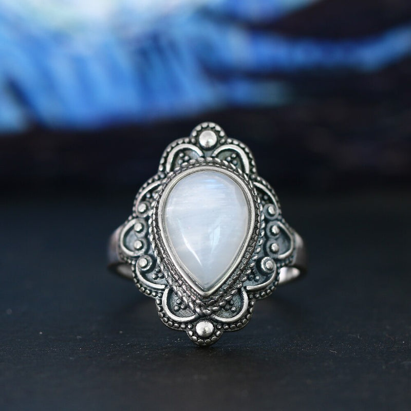 S925 Sterling Silver Rings Natural Moonstone Lapis Ring for Women Vintage Gemstone Rings Gift Fine Jewelry