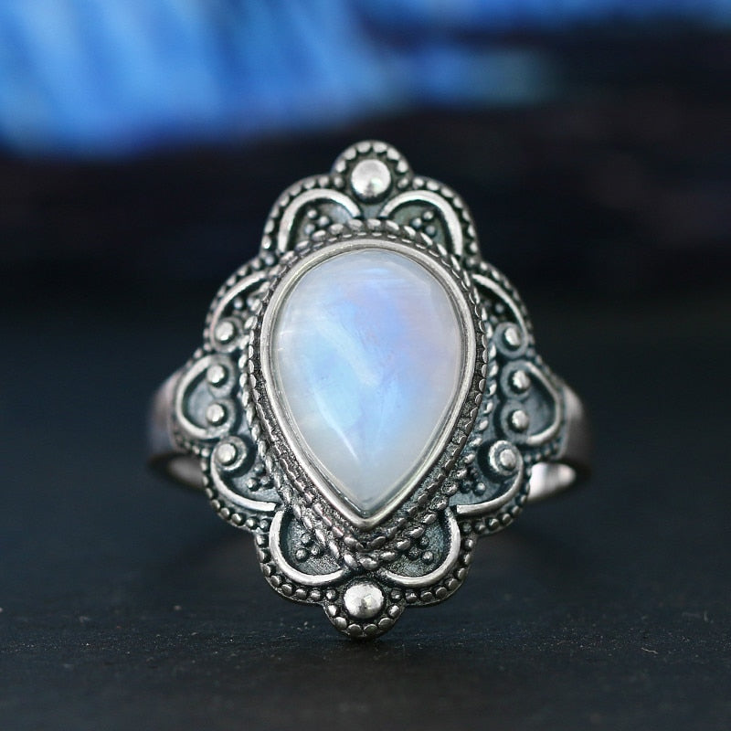 S925 Sterling Silver Rings Natural Moonstone Lapis Ring for Women Vintage Gemstone Rings Gift Fine Jewelry