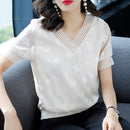 Damen Frühling Sommer Stil Chiffonblusen Hemden Damen Lässige Kurze Puffärmel V-Ausschnitt Lose Chiffonblusen Oberteile ZZ0843