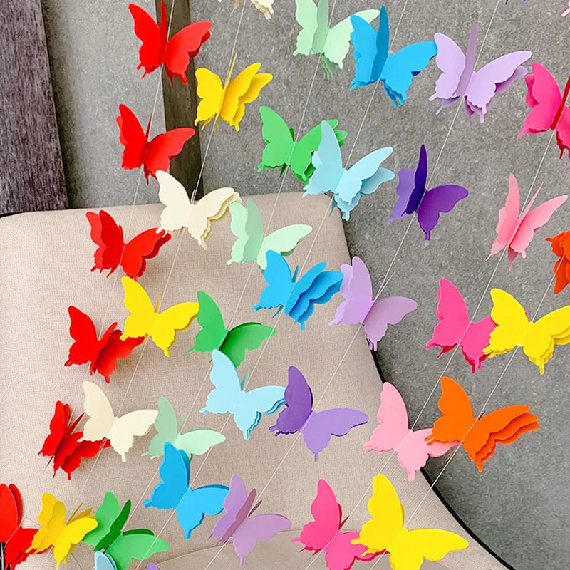 2m 3D Butterfly Paper Banner Garland Banner for Birthday Party Baby Shower Gradual Colorful Curtain Wedding Girl Decoration